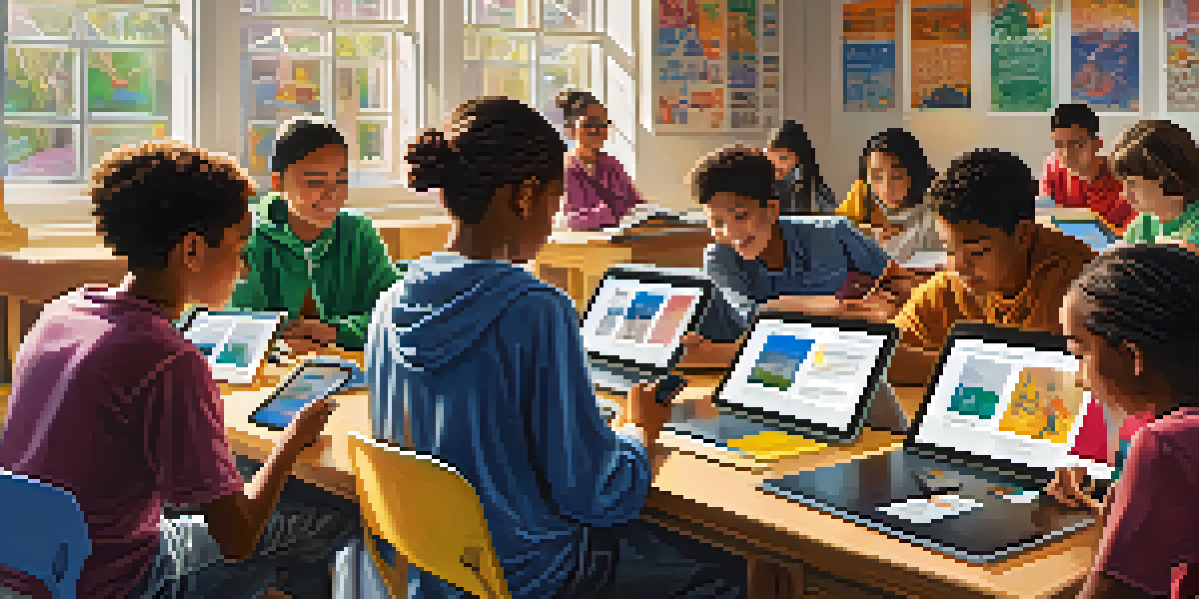 A classroom with diverse students using mobile devices to learn, surrounded by cultural posters and natural light.