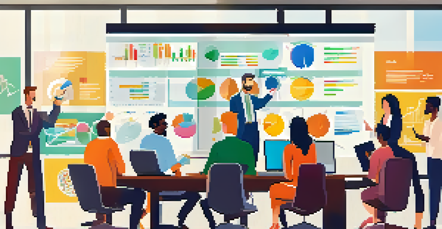 A diverse group of professionals in a conference room discussing digital marketing strategies with graphs displayed on a screen.