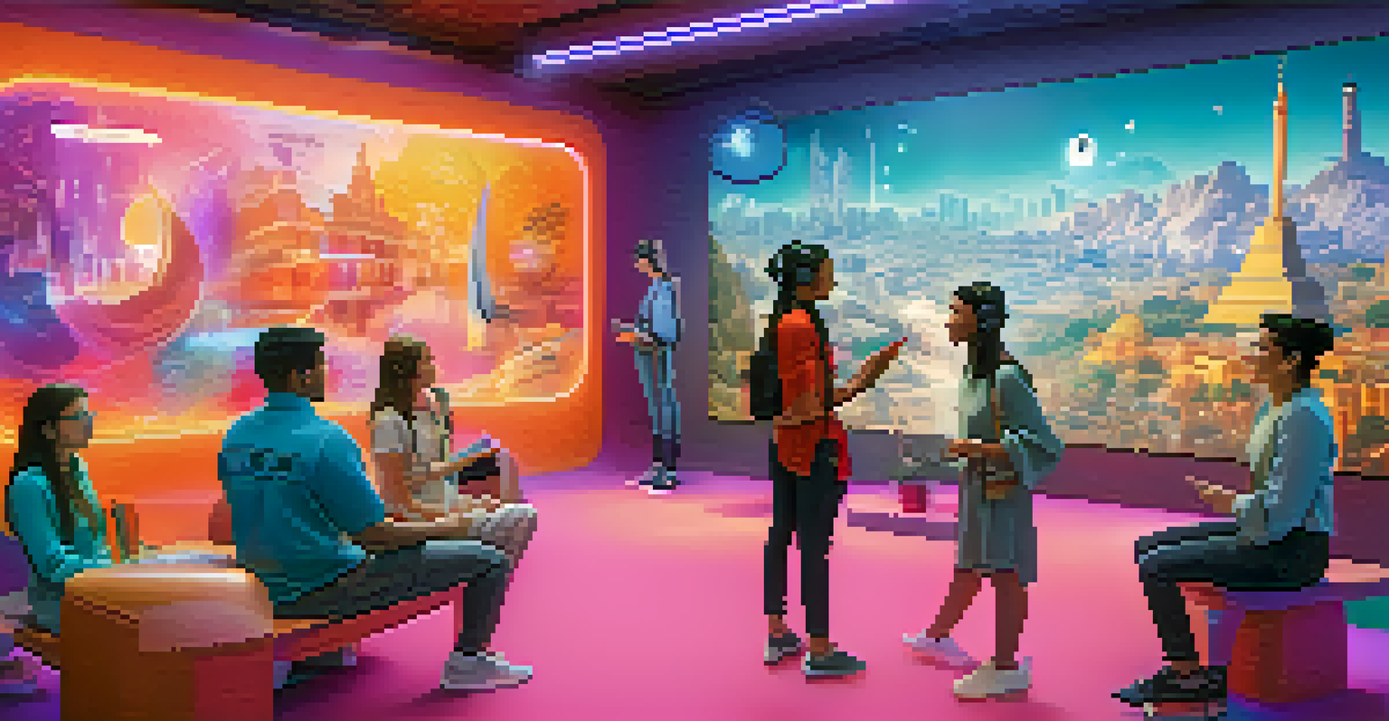 Students participating in a VR language learning session with a virtual native speaker against iconic cultural landmarks.