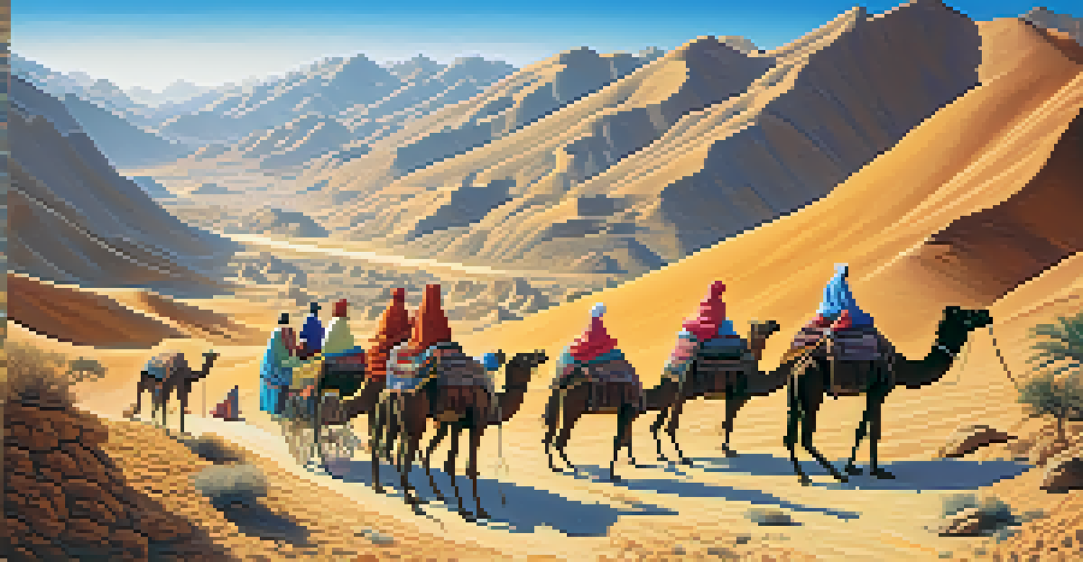 A vibrant illustration of a caravan on the Silk Road, with traders, camels, and colorful goods in a mountainous desert landscape.