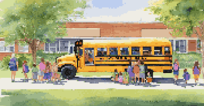 A yellow school bus in front of an elementary school, with children in colorful backpacks playing nearby under a sunny sky.