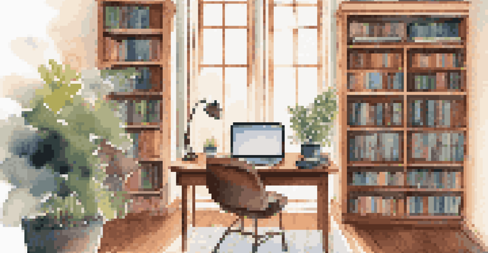 A cozy study area featuring a wooden desk, an open laptop, bookshelves, and a plant, illuminated by natural light.