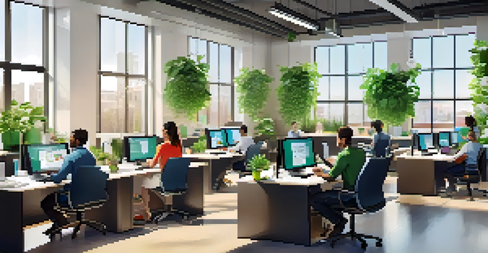 A bright office with employees using laptops and tablets for online training, surrounded by plants and motivational posters.
