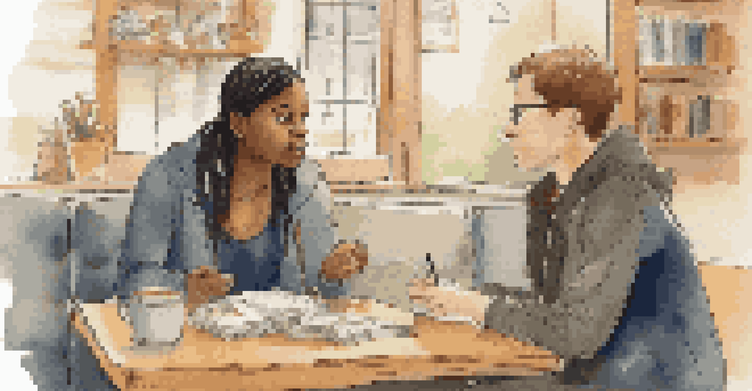 A peer educator discussing health topics with a student in a cozy café, emphasizing trust and open communication.