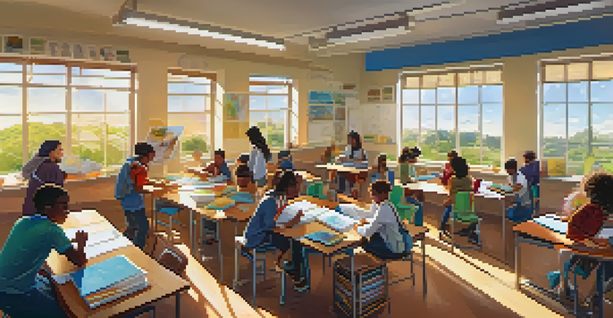 A lively classroom with diverse students working together on a renewable energy project, surrounded by educational materials and bright sunlight.