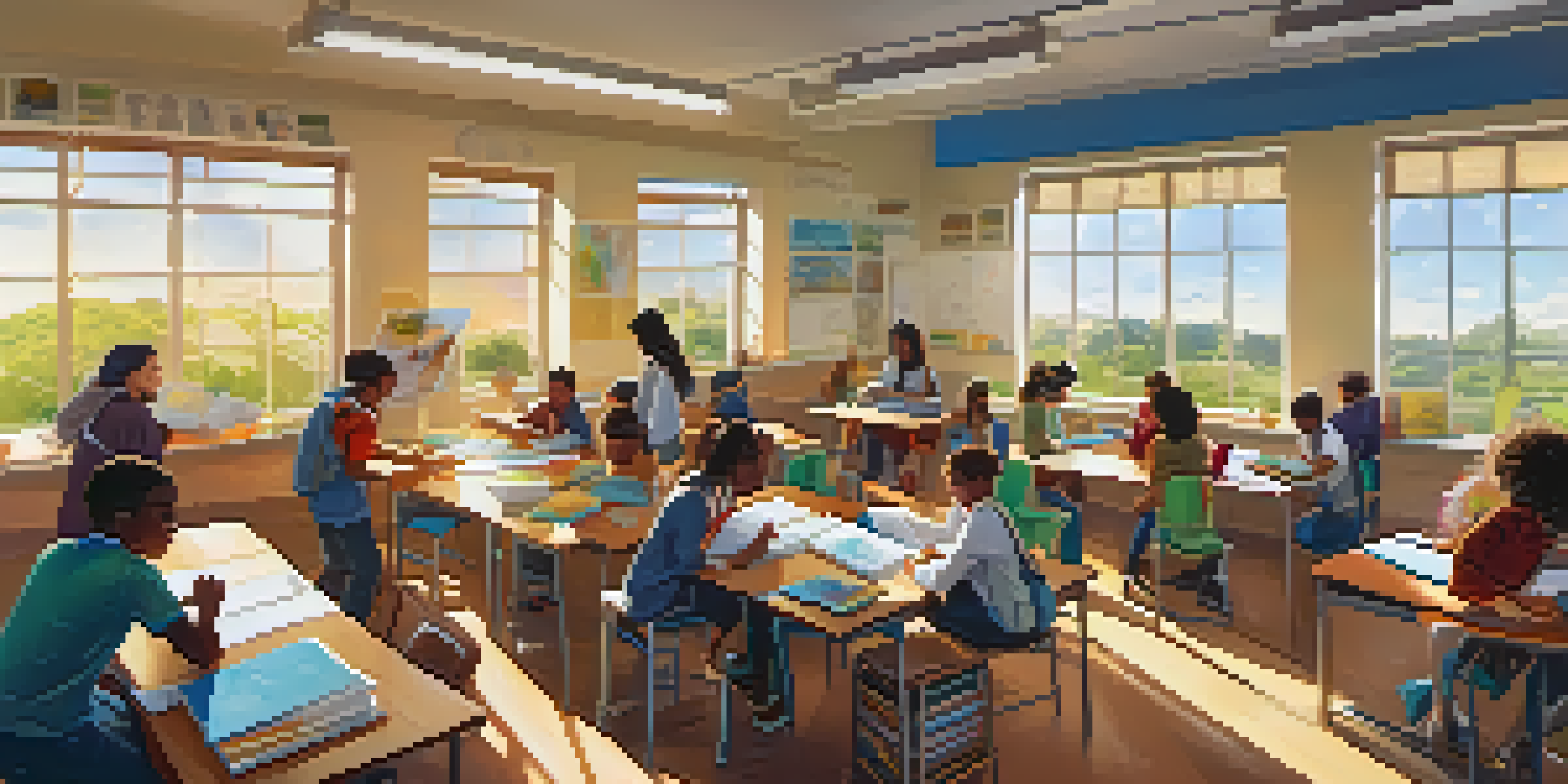 A lively classroom with diverse students working together on a renewable energy project, surrounded by educational materials and bright sunlight.