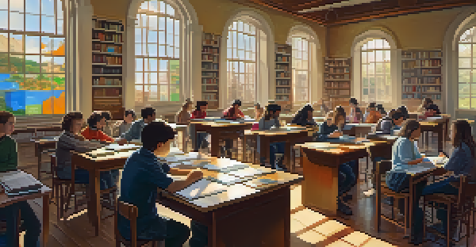 A lively classroom filled with diverse students engaged in a collaborative learning project, utilizing various media like tablets and screens to explore historical content.