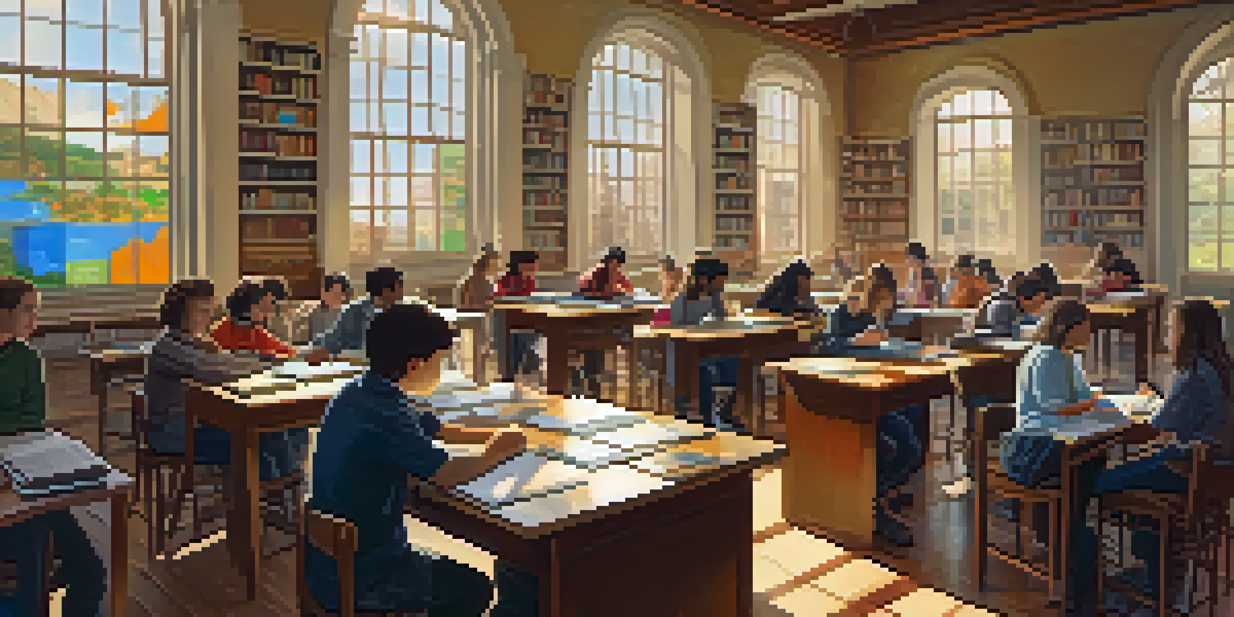 A lively classroom filled with diverse students engaged in a collaborative learning project, utilizing various media like tablets and screens to explore historical content.