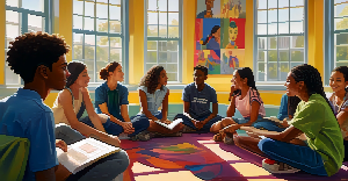A group of diverse students sitting in a circle in a classroom, discussing and sharing ideas with sunlight streaming in.