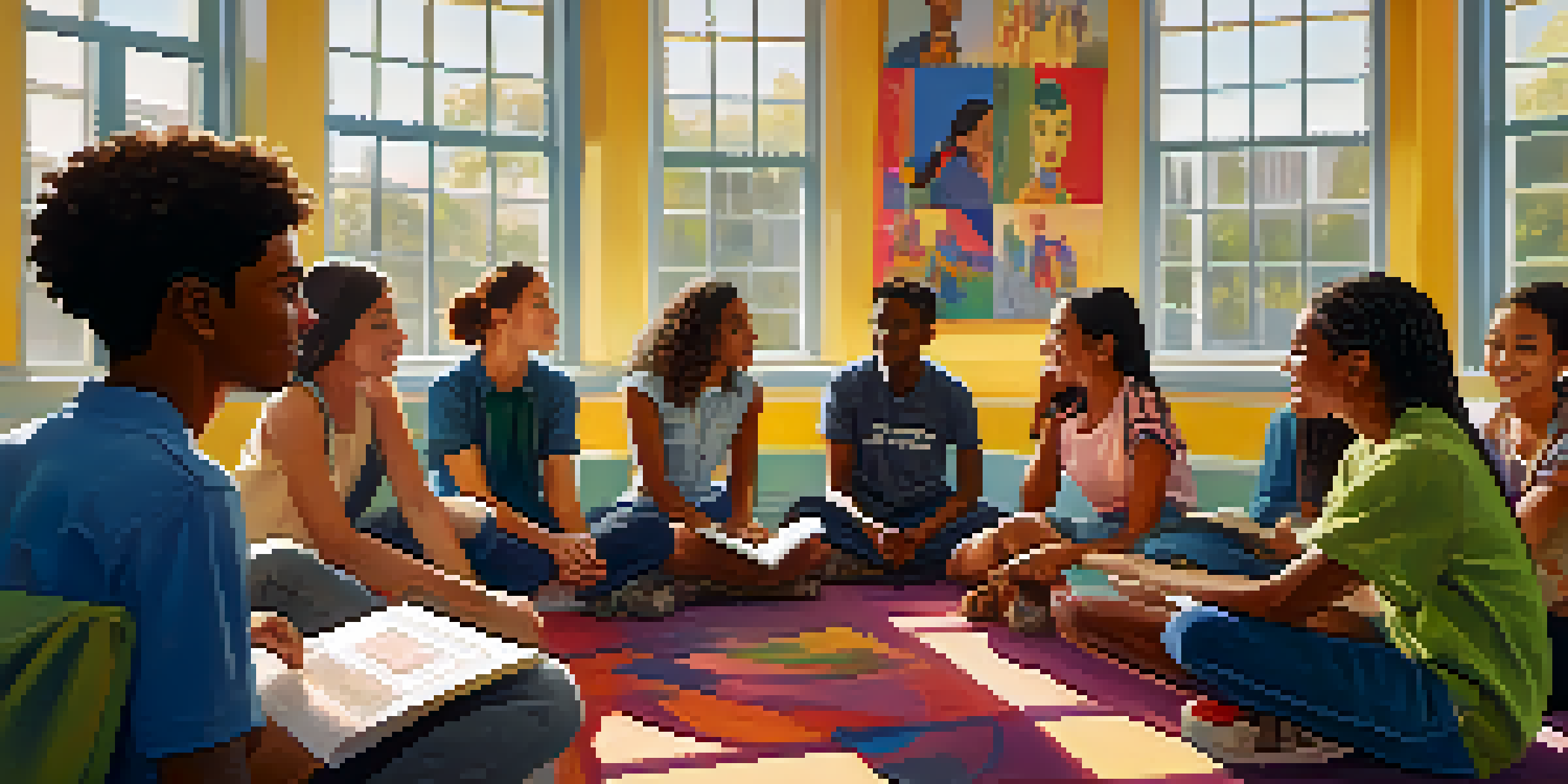 A group of diverse students sitting in a circle in a classroom, discussing and sharing ideas with sunlight streaming in.