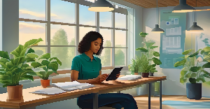 An employee using a tablet in a bright office for microlearning, with plants and natural light.