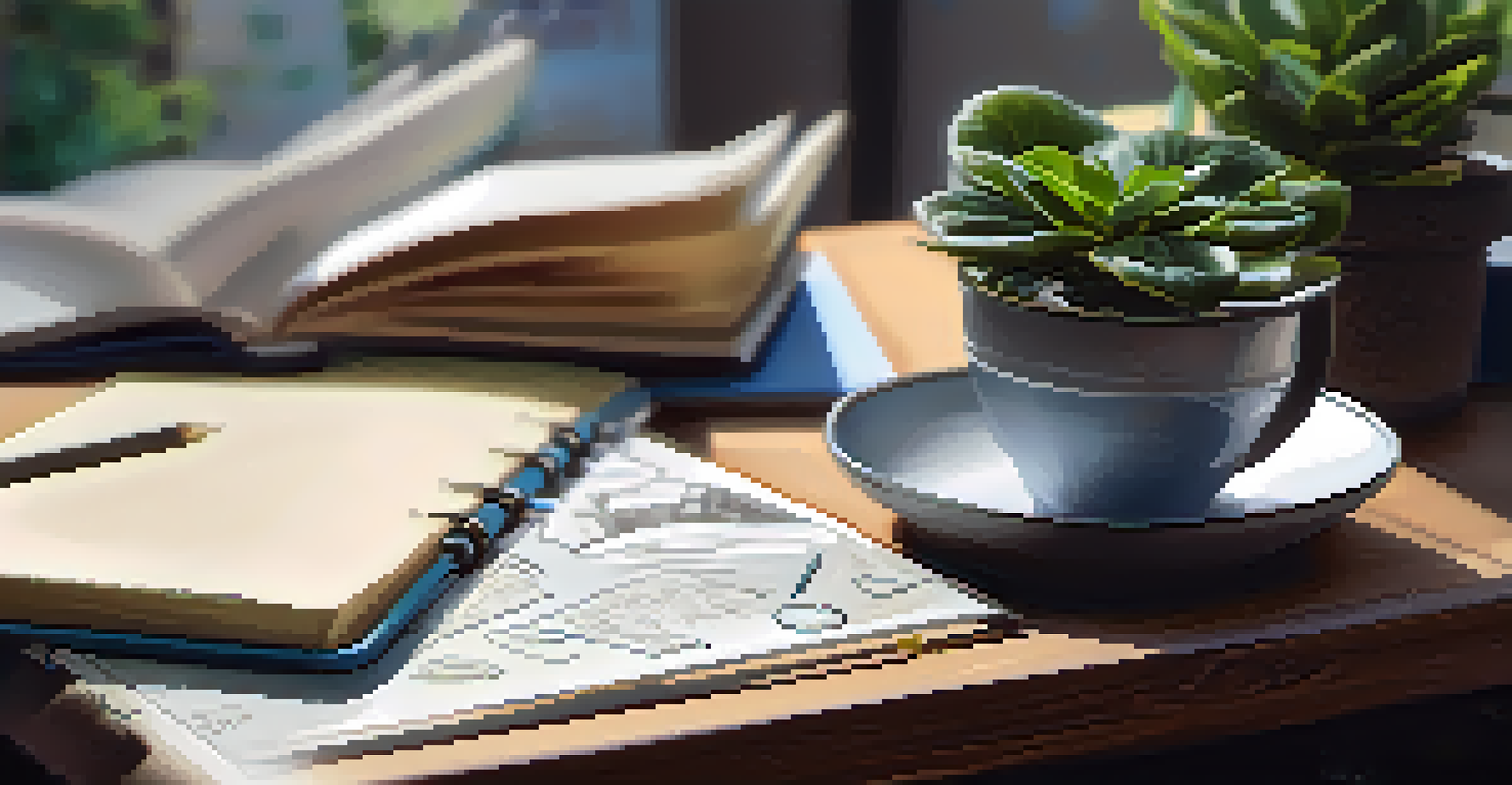 A close-up of a student's desk with an open notebook filled with notes, a calming cup of tea, and a potted plant, creating a focused and serene study environment.