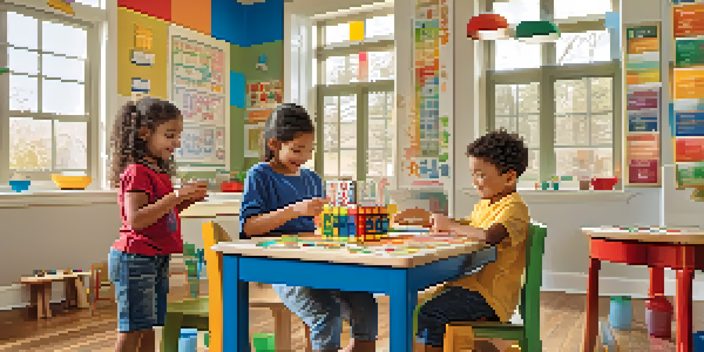 A vibrant classroom filled with children learning math through play, stacking blocks and using measuring cups.