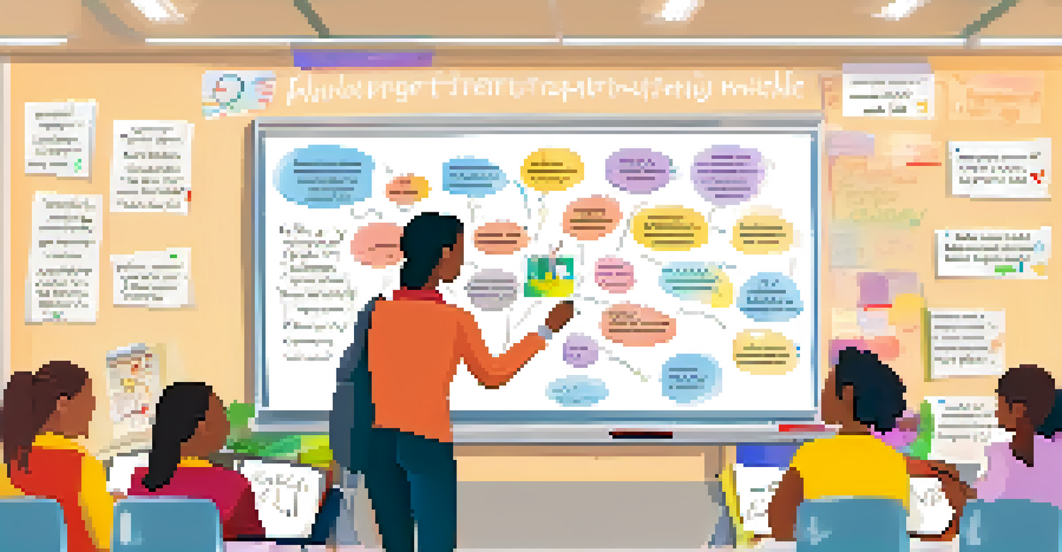 A teacher writing on a whiteboard about emotional intelligence, while students listen attentively in a colorful classroom.