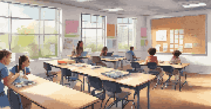 A diverse group of students in a modern classroom, using both traditional desks and digital devices for learning.