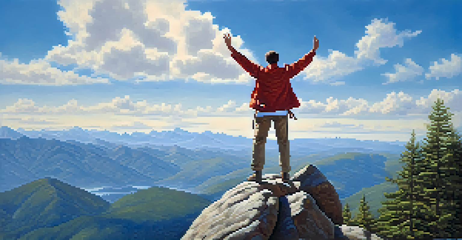A person standing triumphantly on top of a hill, overlooking mountains and valleys, with arms raised in victory.