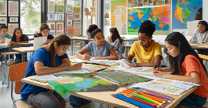 A diverse group of students working together on a project in a bright classroom, surrounded by educational materials and cultural posters.