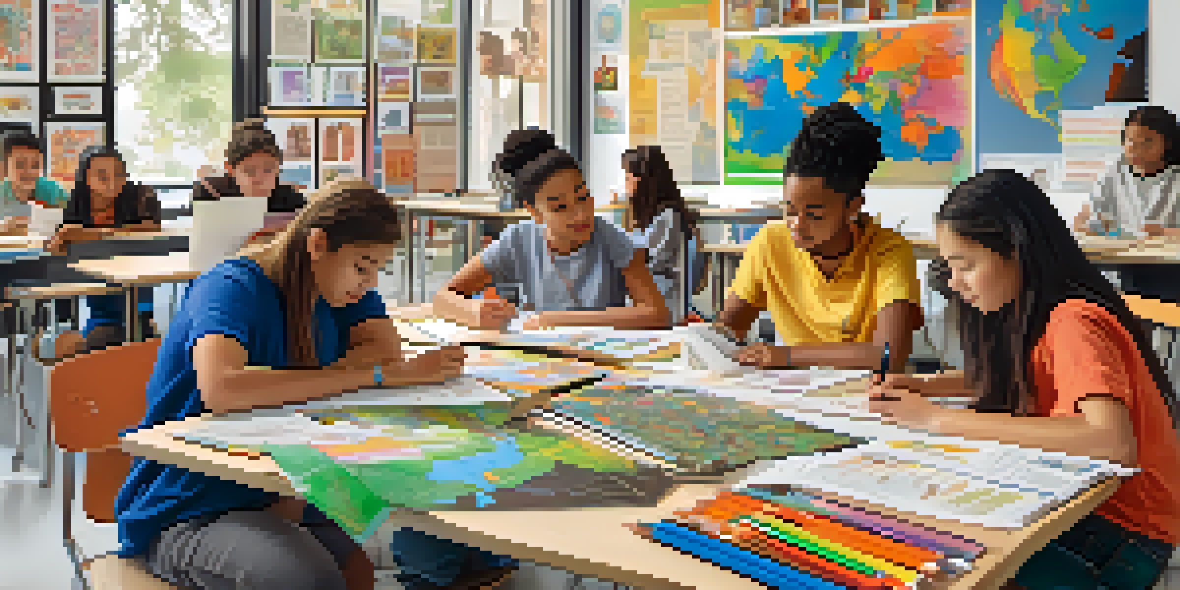 A diverse group of students working together on a project in a bright classroom, surrounded by educational materials and cultural posters.