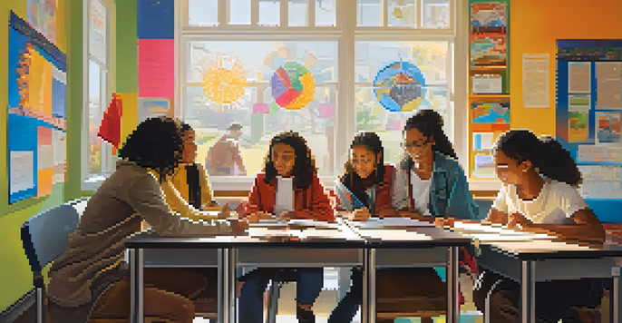 A diverse classroom with students from various cultures working together on a project, with bright sunlight and colorful educational posters.