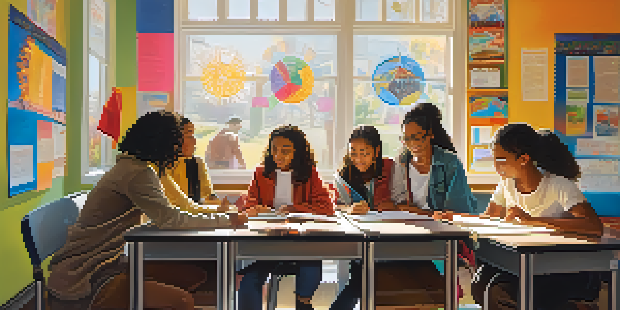A diverse classroom with students from various cultures working together on a project, with bright sunlight and colorful educational posters.