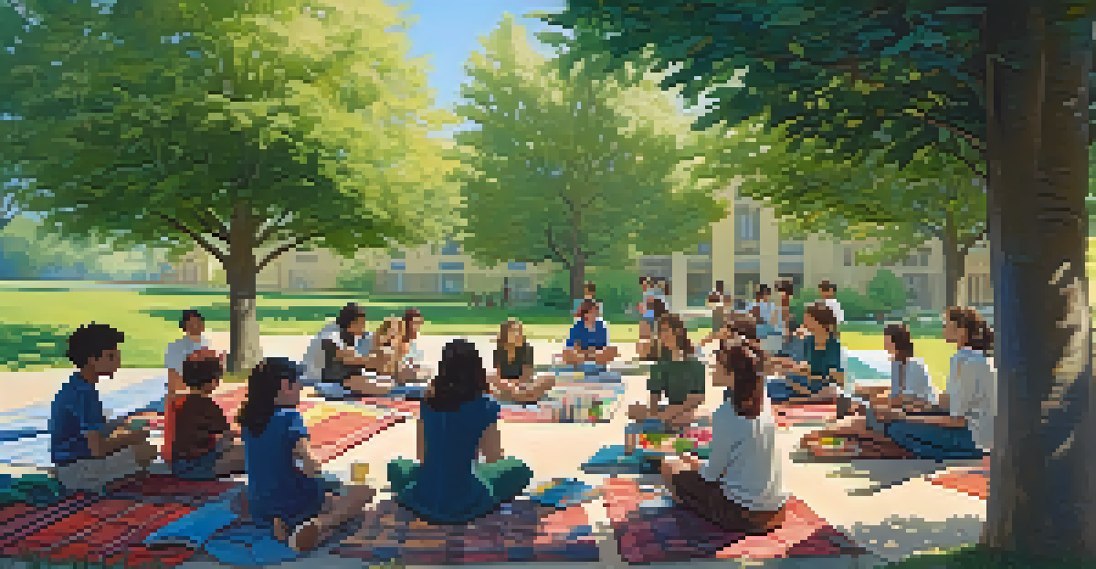 An outdoor learning environment with students on picnic blankets discussing under a clear sky.