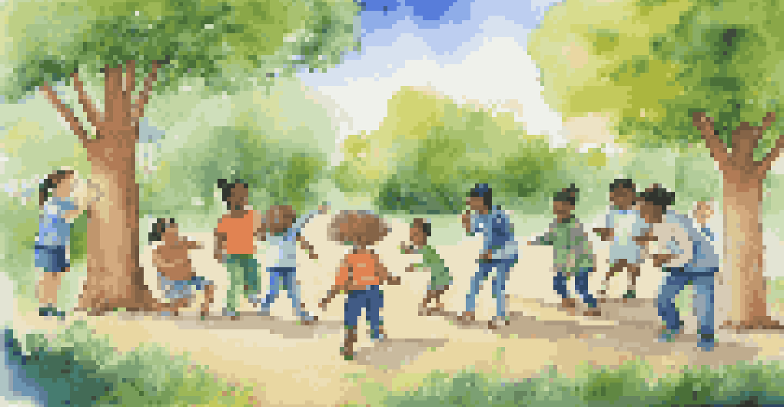 Students outdoors engaged in role-playing activities, showcasing various emotions and interactions in a vibrant natural setting.