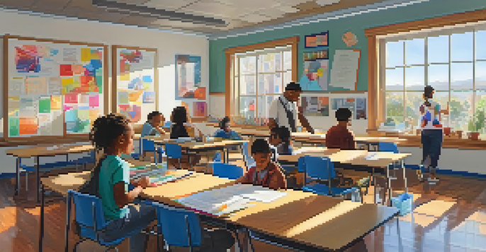 A lively classroom with diverse students interacting, a teacher guiding them, and bright sunlight illuminating the space.