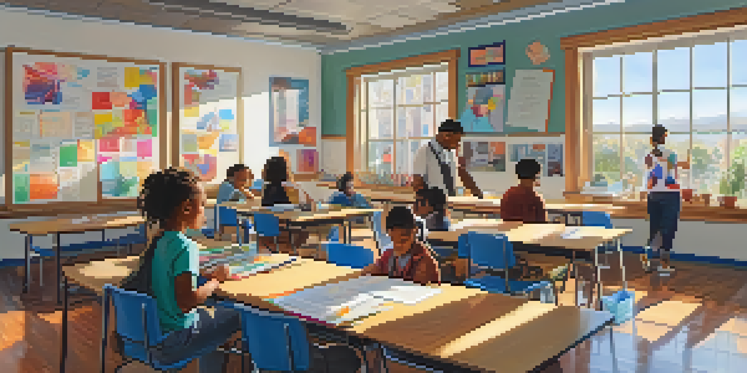 A lively classroom with diverse students interacting, a teacher guiding them, and bright sunlight illuminating the space.