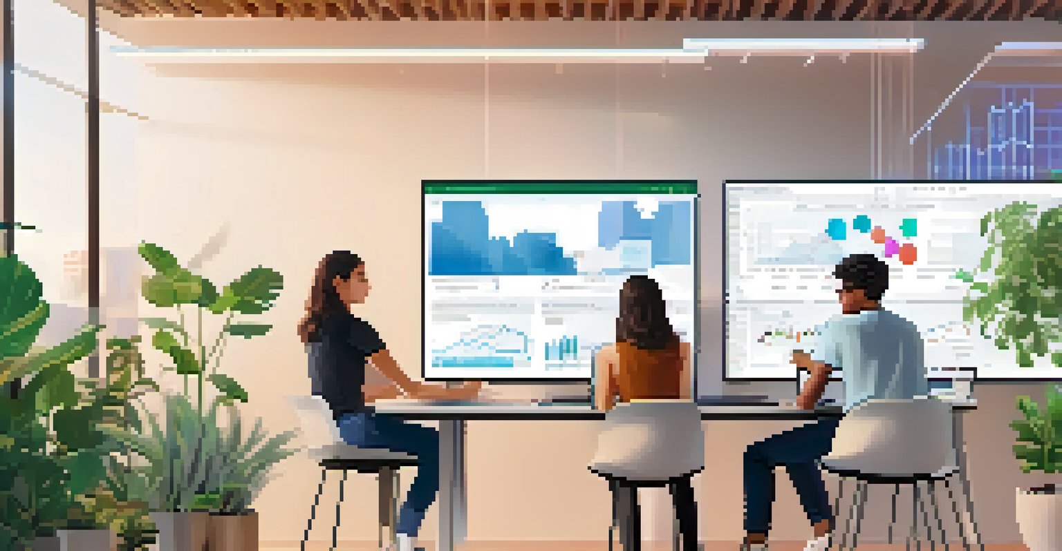 Students collaborating on a project using laptops with AI-driven data displayed, in a bright modern classroom setting.