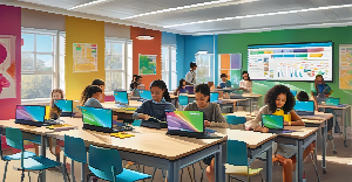 A vibrant digital classroom with diverse students using laptops and tablets, illuminated by natural light.