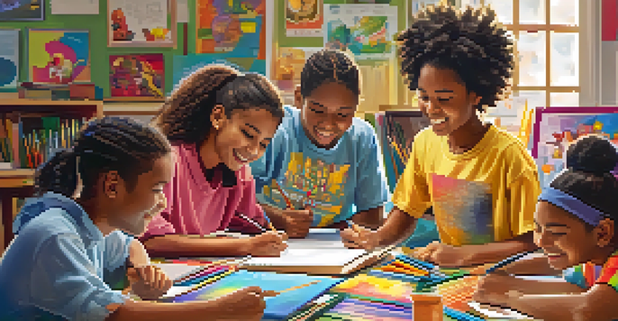 A colorful classroom with students working together on projects, surrounded by art supplies and educational materials.