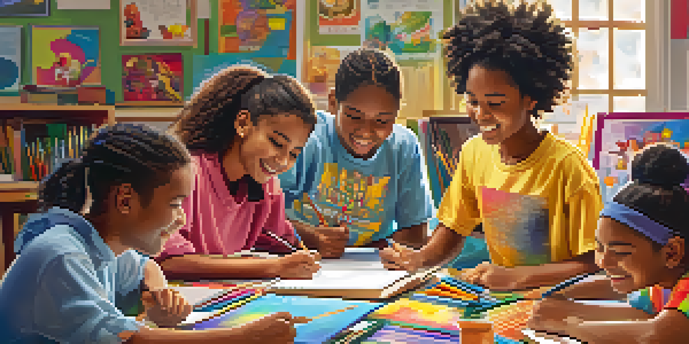 A colorful classroom with students working together on projects, surrounded by art supplies and educational materials.