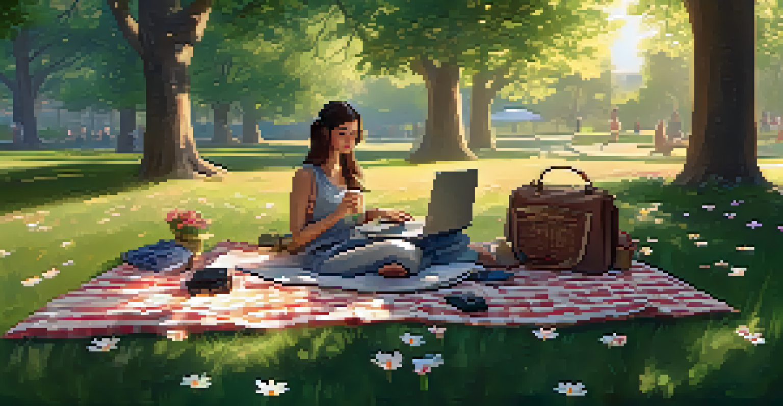 A player gaming on a laptop in a peaceful park setting, surrounded by trees and flowers, enjoying the outdoors.