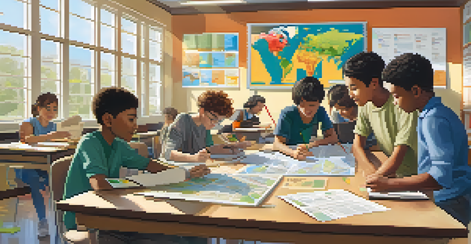 A diverse group of students collaborating on a project in a bright classroom filled with maps and cultural posters.