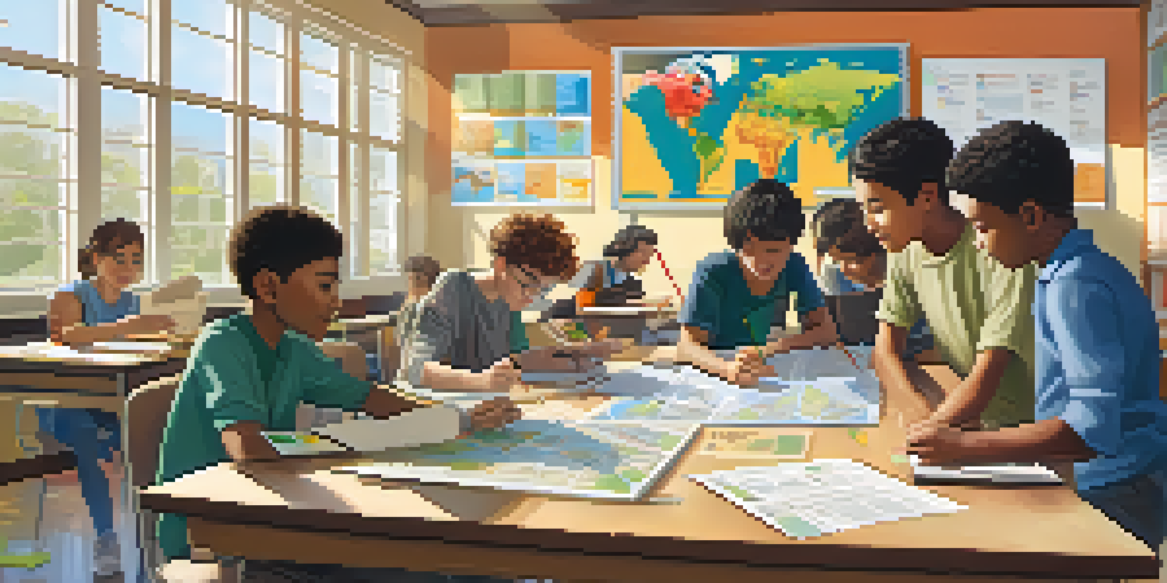 A diverse group of students collaborating on a project in a bright classroom filled with maps and cultural posters.