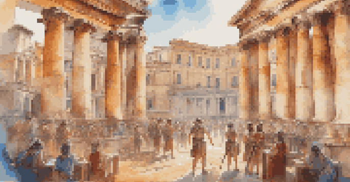 A classroom where students are engaged in virtual reality, experiencing ancient Rome with detailed visuals and natural lighting.