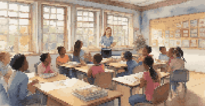 A teacher passionately telling a story to a diverse group of students in a colorful classroom, with books and posters around, illuminated by soft natural light.