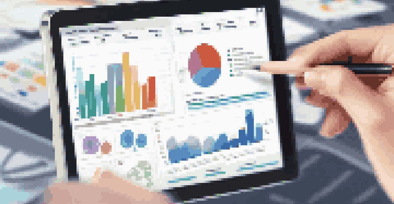 A teacher pointing at a digital tablet with colorful graphs and charts showing learning analytics data.