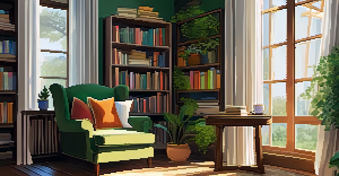 A bright and inviting reading nook with sunlight coming through a window, a comfortable chair, and bookshelves filled with books.