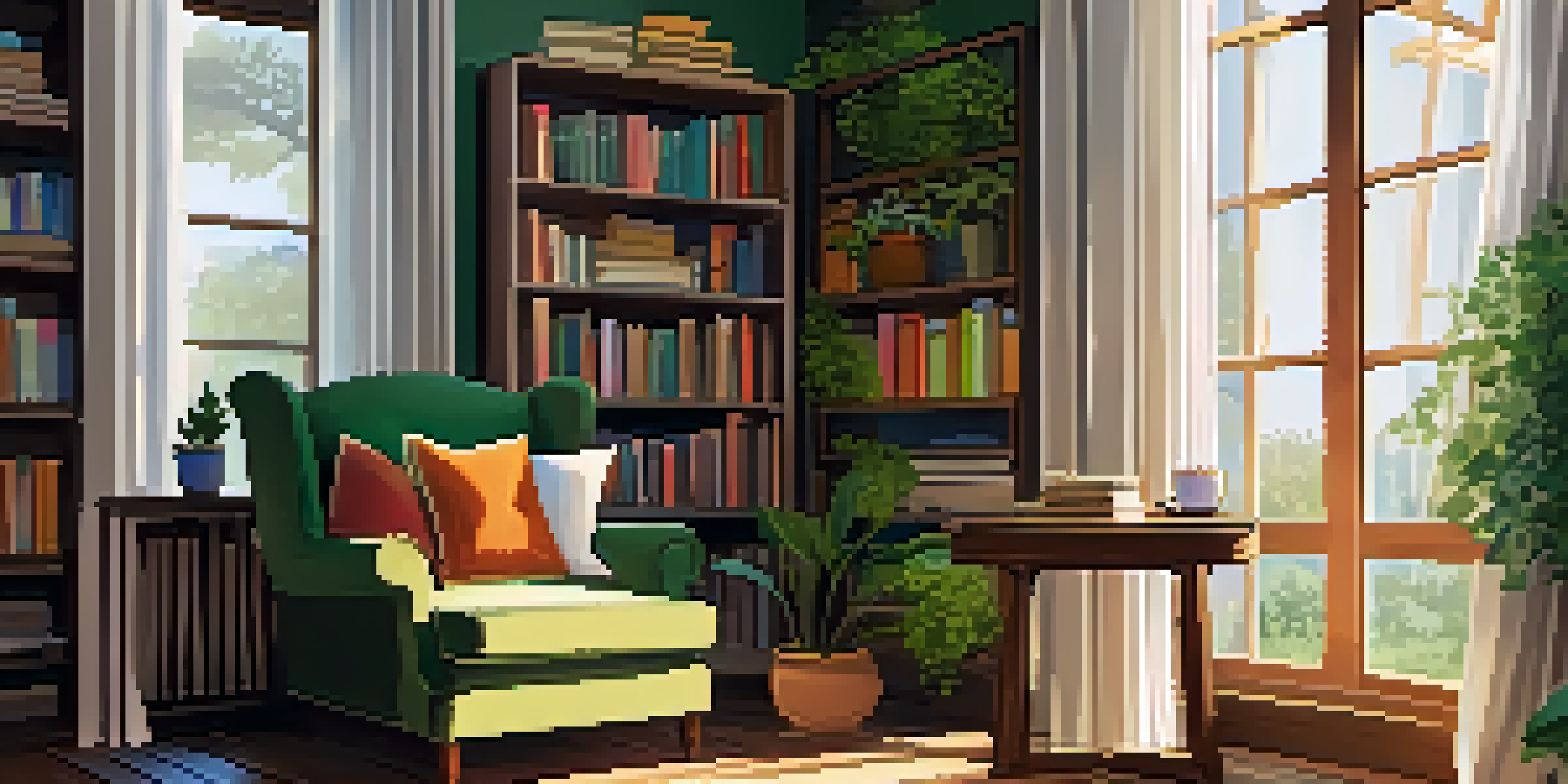 A bright and inviting reading nook with sunlight coming through a window, a comfortable chair, and bookshelves filled with books.