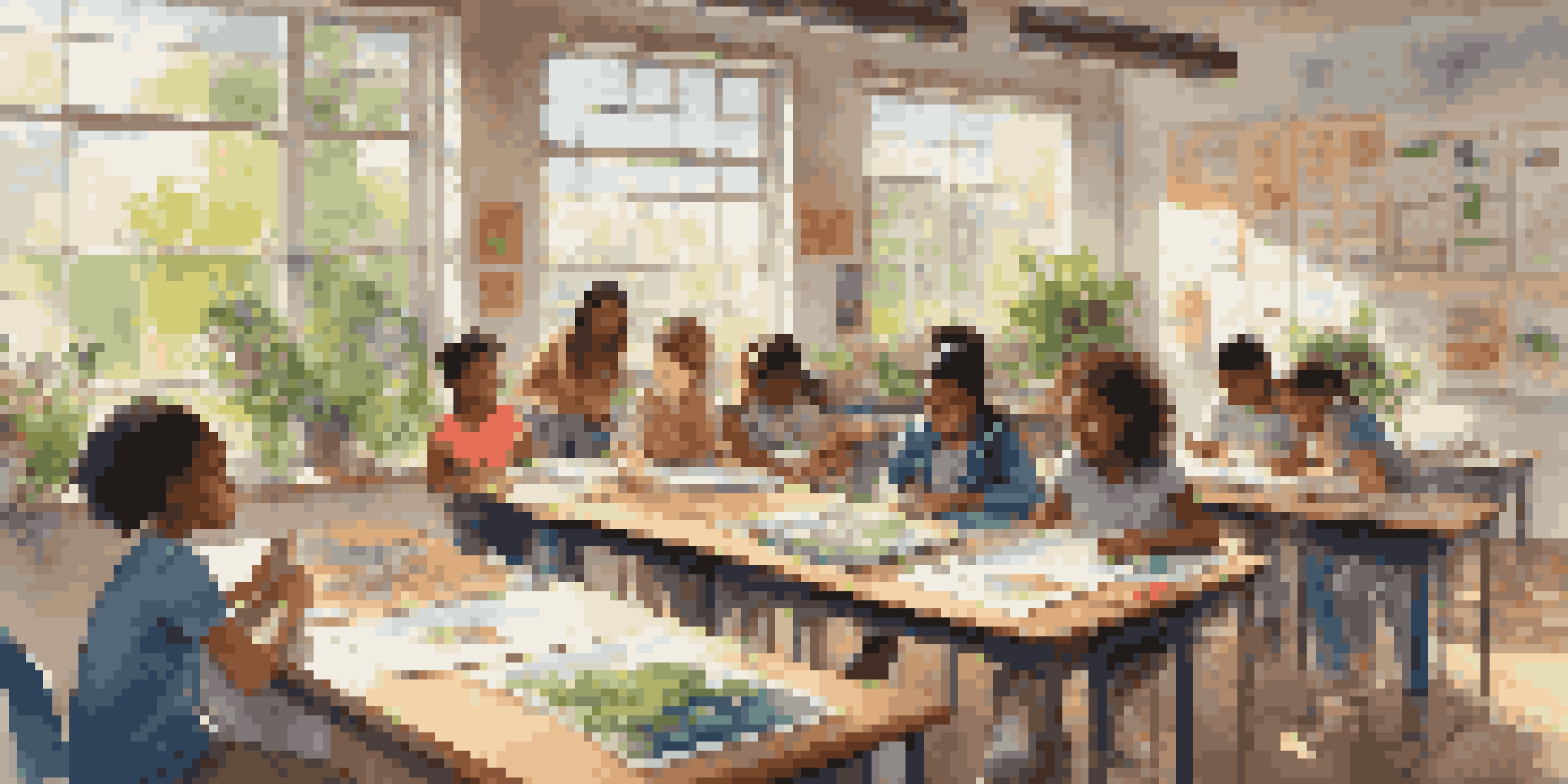 A diverse group of students collaborating on an environmental conservation project in a bright classroom, surrounded by materials and sunlight.