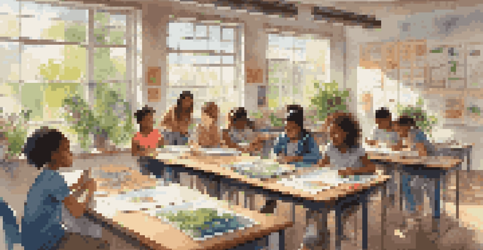A diverse group of students collaborating on an environmental conservation project in a bright classroom, surrounded by materials and sunlight.
