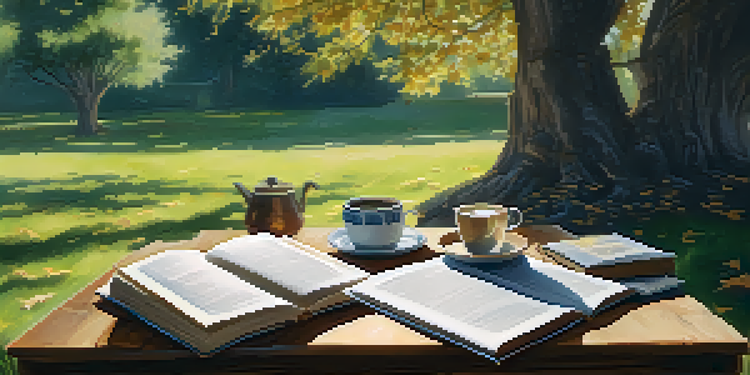 A peaceful outdoor study area with an oak tree, wooden table, books, a laptop, and a cup of tea, illuminated by soft sunlight.