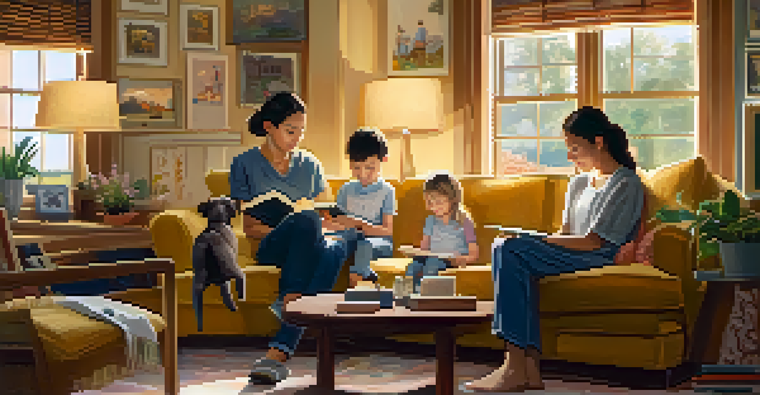 A family reading together on a sofa, surrounded by a warm and cozy environment, with a pet dog nearby.