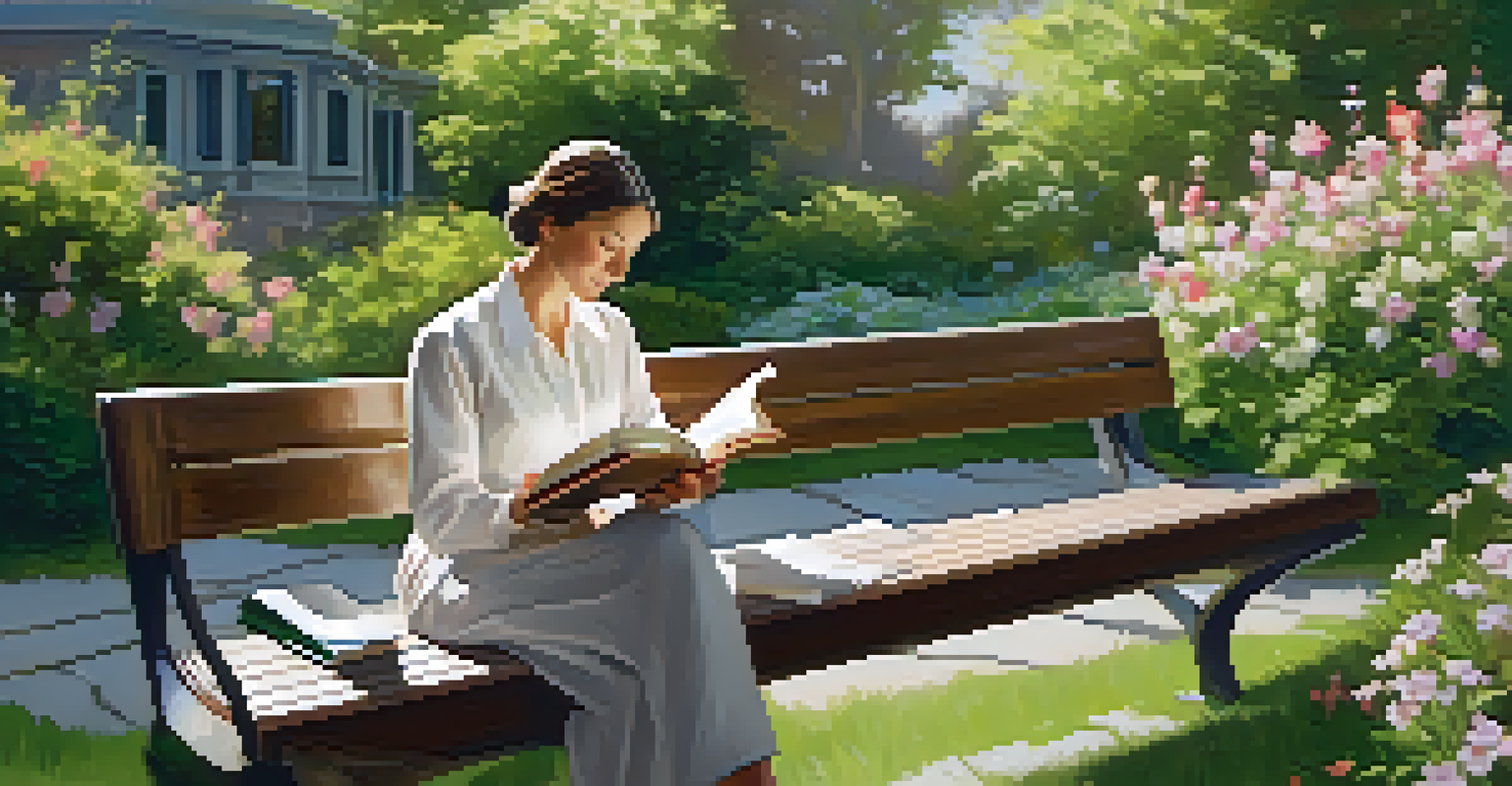 A relaxed teacher reading a book in a beautiful garden, symbolizing work-life balance.