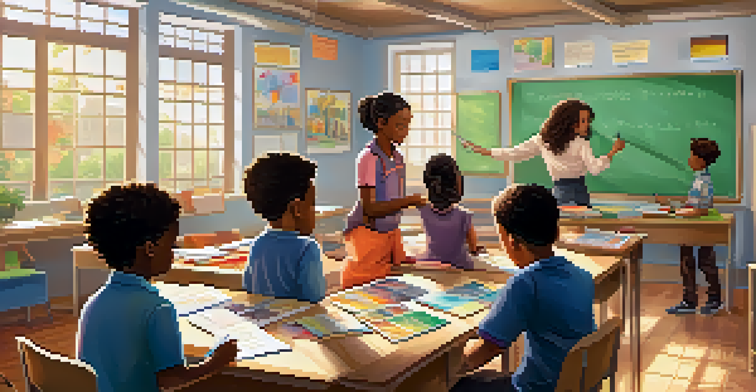 A vibrant classroom with students and a teacher engaging in an interactive learning activity.