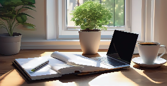 A bright and organized workspace with a laptop, notebook, coffee cup, and a potted plant, illuminated by soft sunlight.