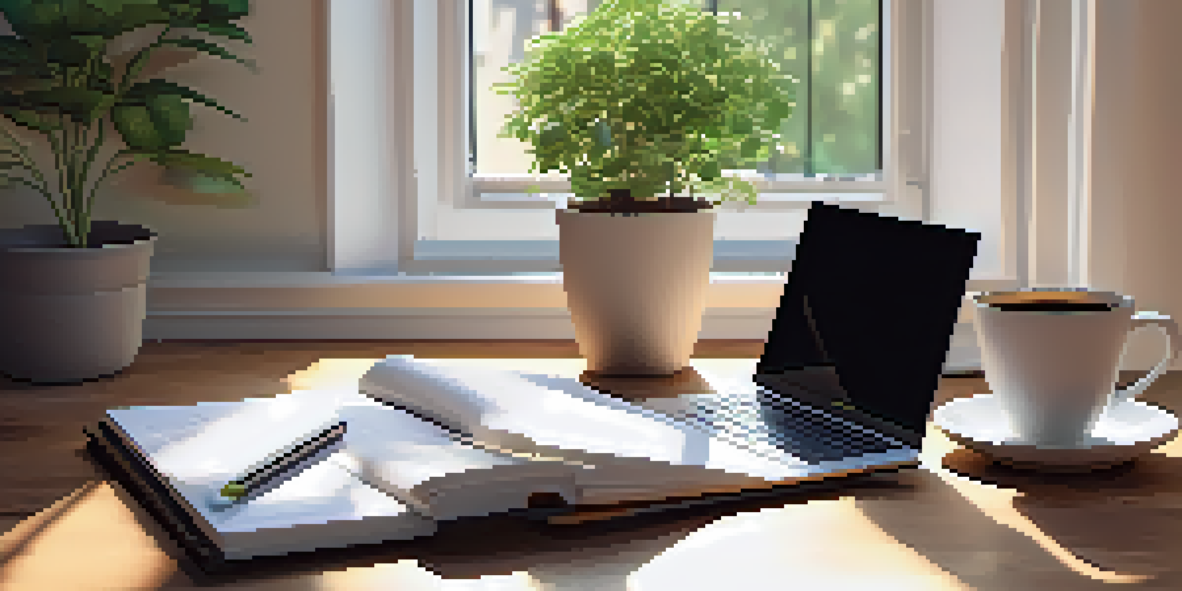 A bright and organized workspace with a laptop, notebook, coffee cup, and a potted plant, illuminated by soft sunlight.
