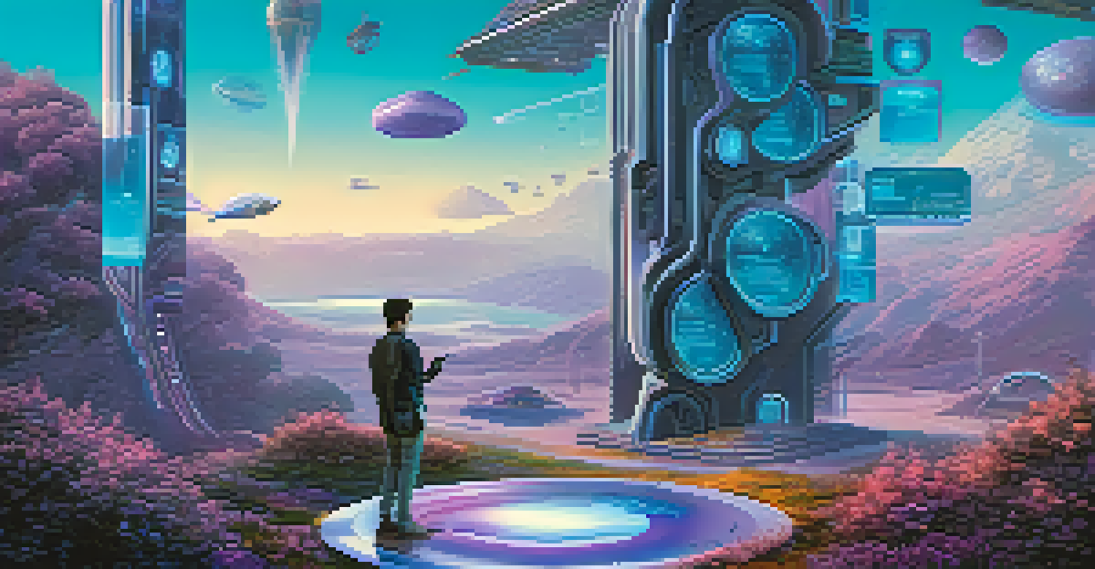 A futuristic scene featuring augmented reality storytelling with a person using AR glasses and holographic story elements in a bright, imaginative landscape.