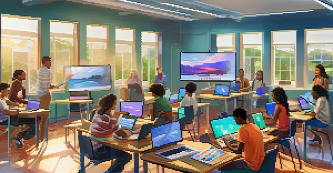 A lively online classroom with students of different ethnicities working together on a project, surrounded by technology and bright natural light.